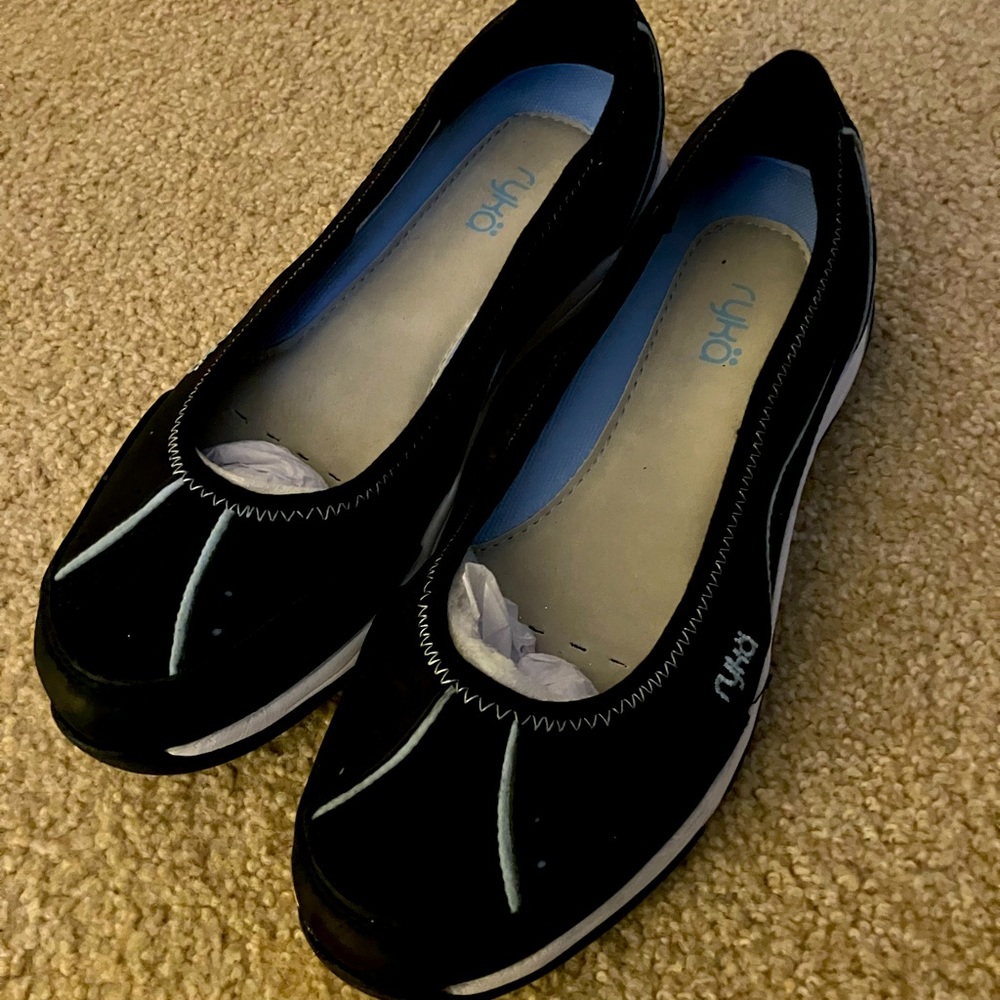 Ryka Nitracel Black Blue Leather/Fabric Slip On Athletic Ballet Flats Sz 7.5
